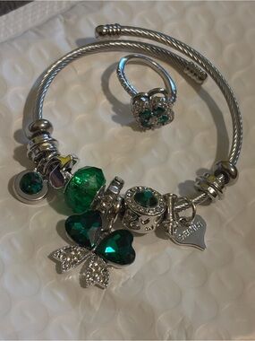 Silver-Tone Green Crystal Clover Charm Bracelet with Matching Ring